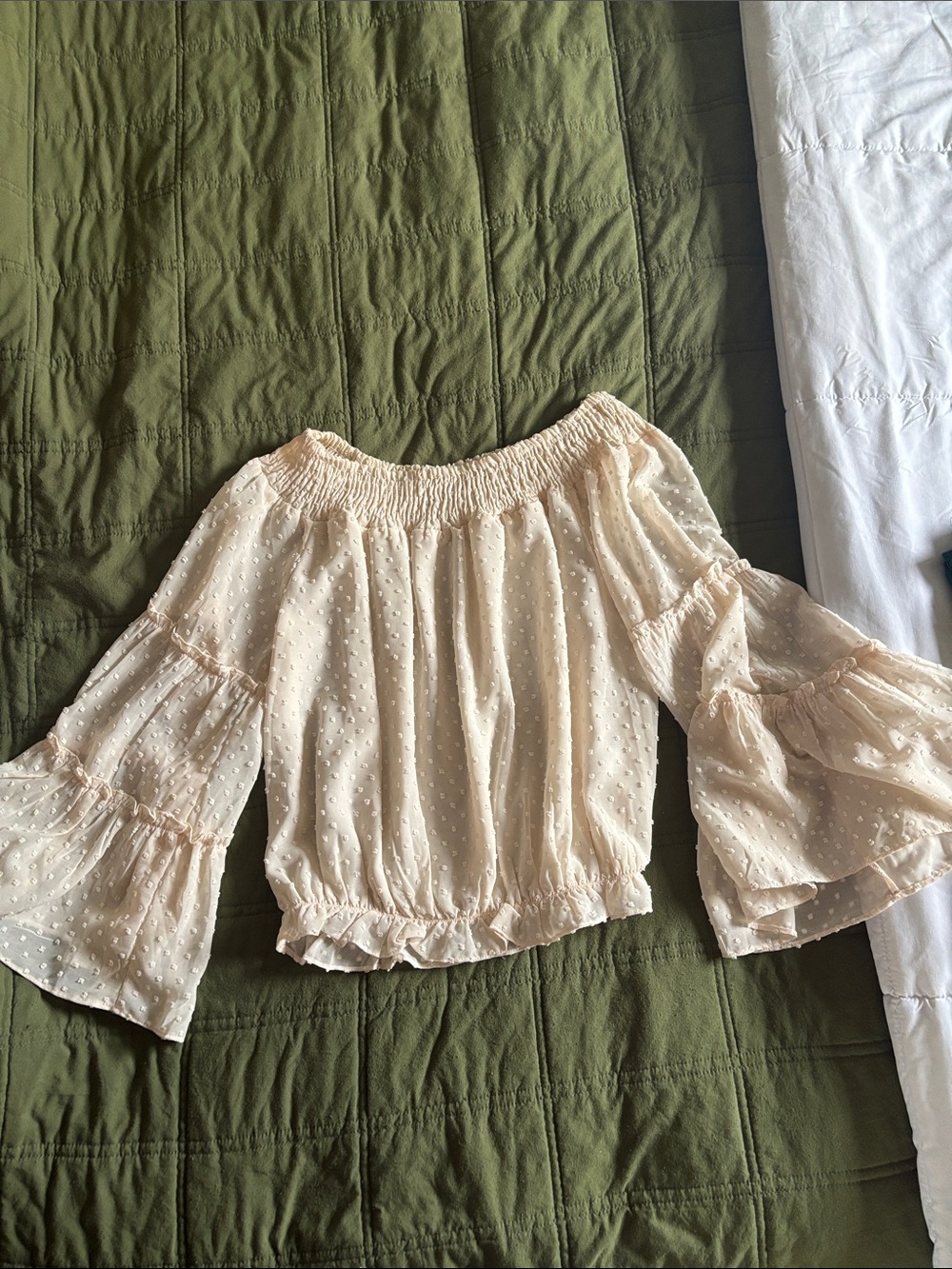 Wishlist Cream Off-Shoulder Swiss Dot Peasant Blouse